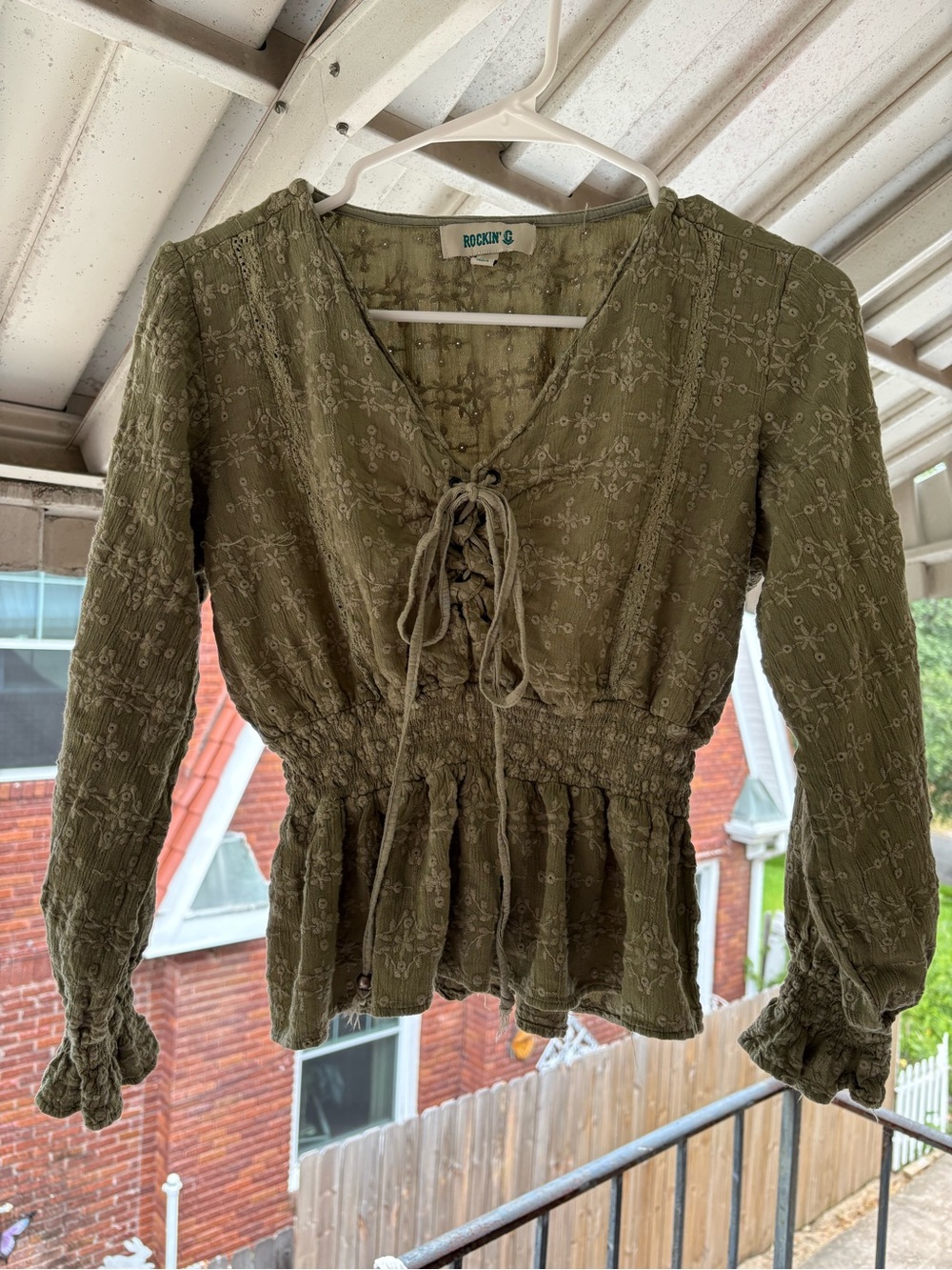 Rockin G Olive Green Lace-Up Blouse size Small